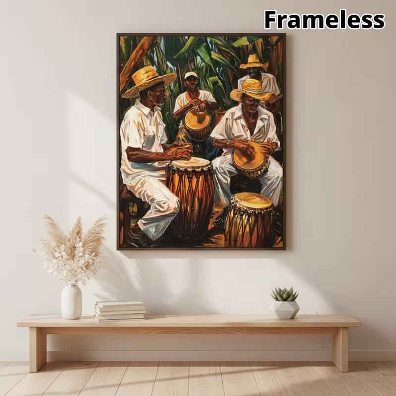 Frameless Canvas Artwork Depicting A Scene of Cubans Playing Gongs and Hand Drums, Suitable for Office or Wall Decoration