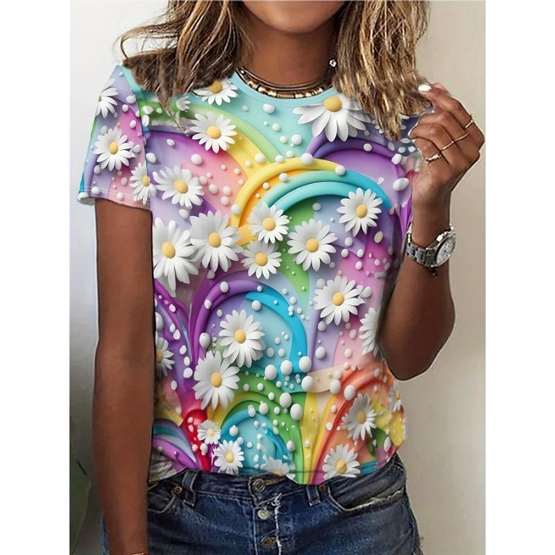 Летняя цветная футболка с круглым вырезом, повседневная, свободная, с короткими рукавами, модная женская футболка с цветочным узором