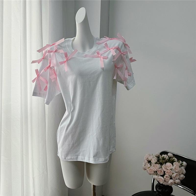 Милая футболка для девочки в европейском и американском стиле с ленточным бантом, свободная, с коротким рукавом, свободный повседневный топ из чистого хлопка