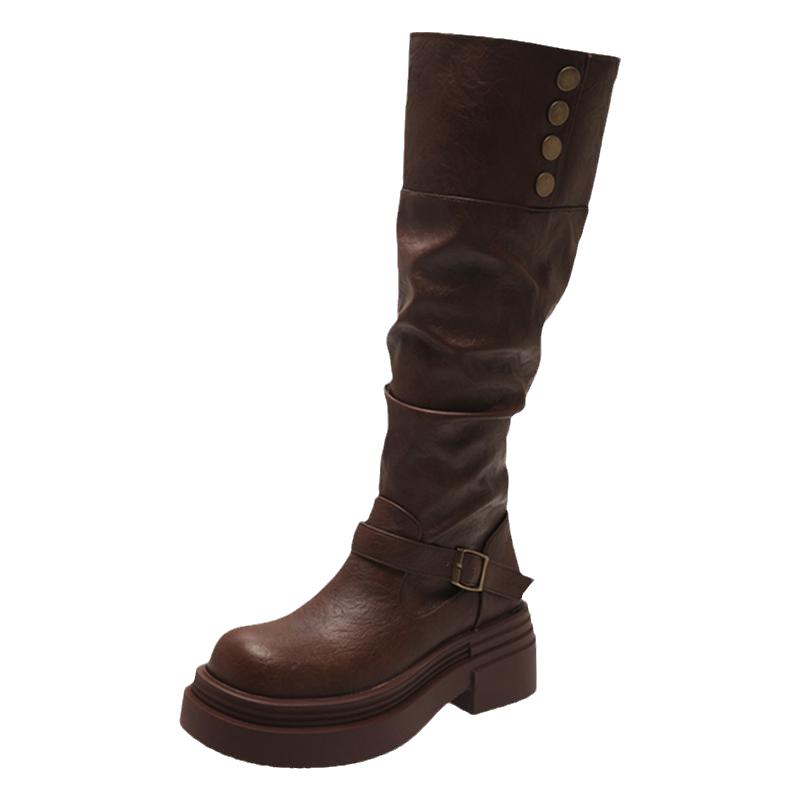 Мода Винтаж Коричневый Женщины Вестерн Ковбойские сапоги Мода Slip On Рыцарь Длинные Ботильоны Дамы Платформа Толстый Каблук Botas Mujer