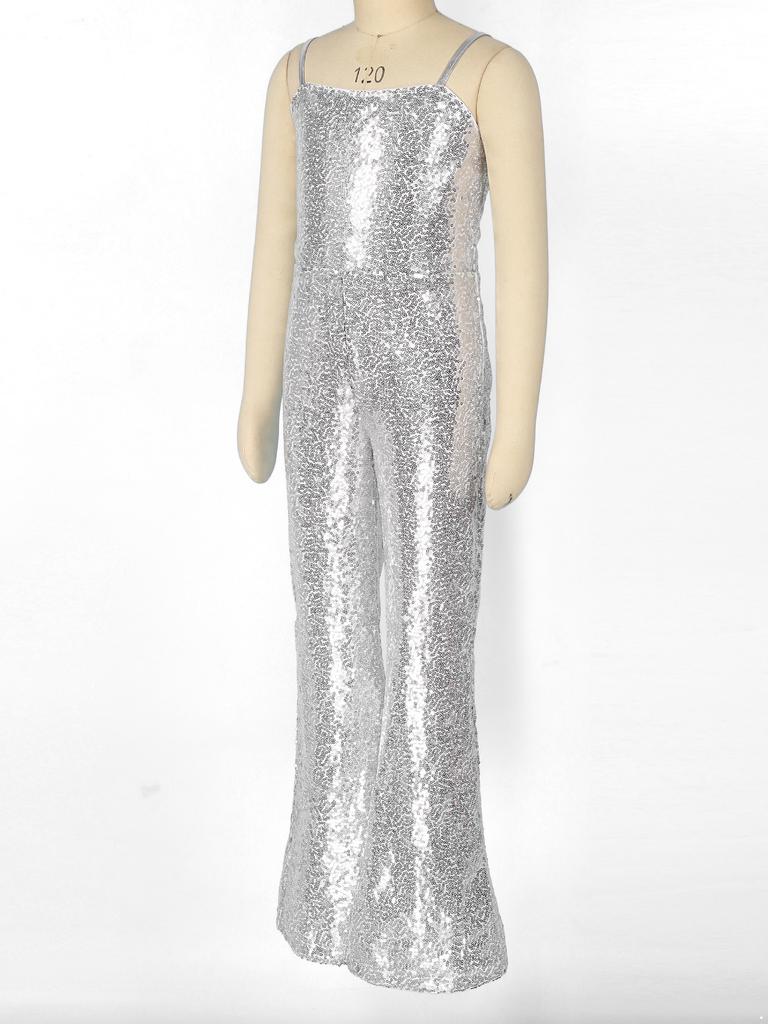 Girls Character Cosplay Costume Spaghetti Straps Bell Bottom Shiny Sequins Zipper Jumpsuit Movie Role Play Dress