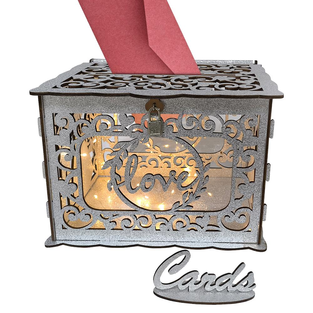 Коробка для свадебных открыток для свадебного приема. Блестящие деревянные коробки для карточек с табличкой/замком и веревкой.