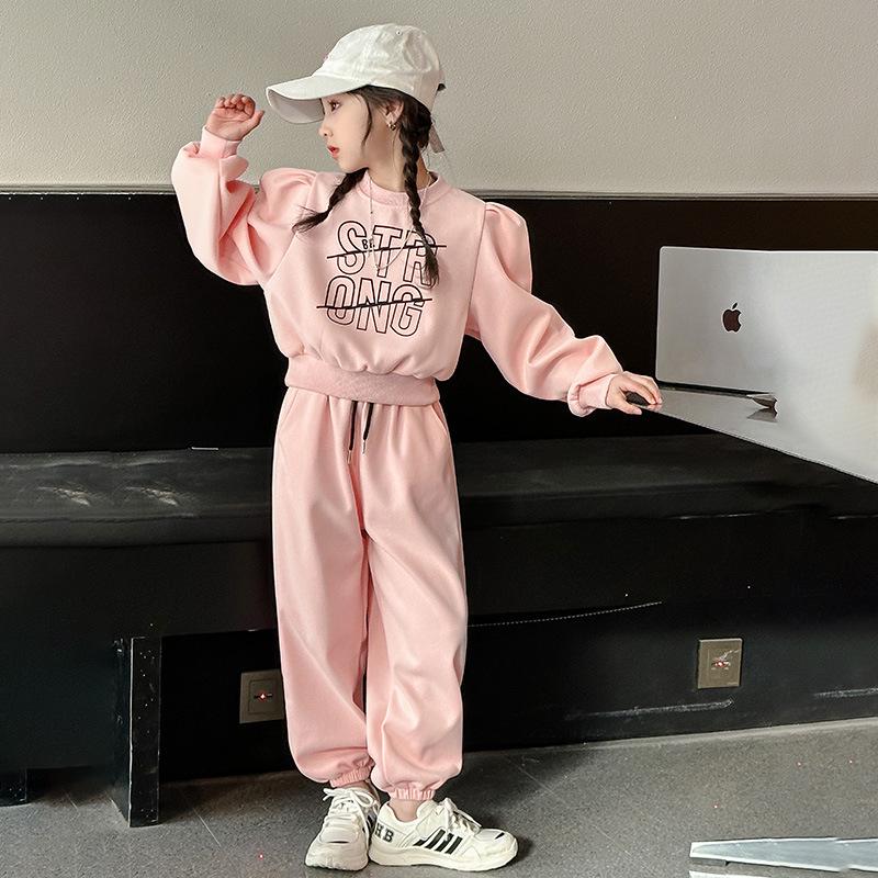 2024 Корейский стиль Комплект из спортивной толстовки и спортивных штанов для девочек - Осень/Весна, комплект из двух предметов для больших детей