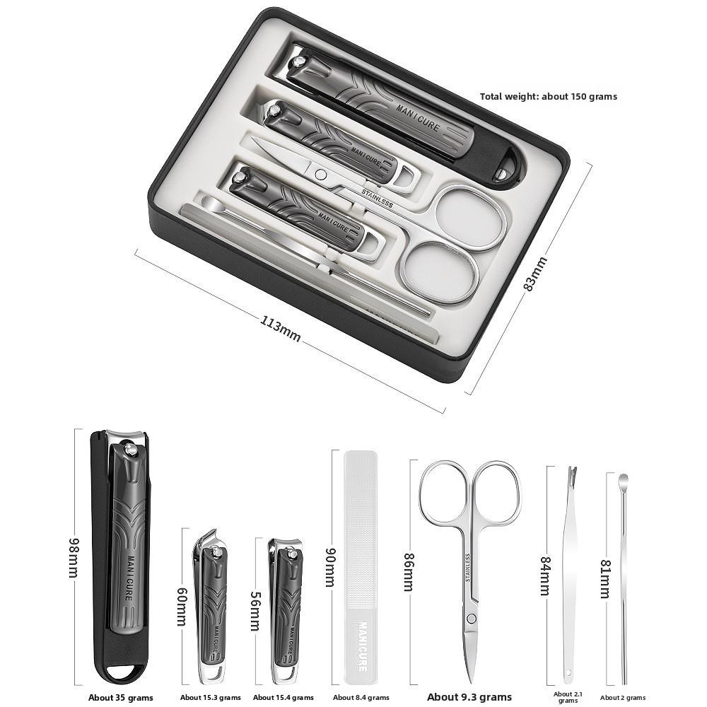 7 Piece Carbon Steel Manicure Set Two-tier Box; High-end Gun-black Splash-proof sharp Pedicure Nail Clippers Tools