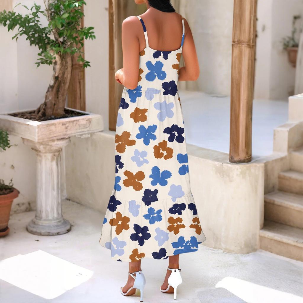 Женское длинное пляжное повседневное элегантное платье макси на тонких бретельках с цветочным принтом, струящееся платье в стиле бохо
