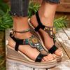 Fashion Women Comfortable Beaded Beach Sandals Ankle Strap Open Toed Shoes Wedge Heel Bohemian Style Vintage Outdoor Holiday Sandals