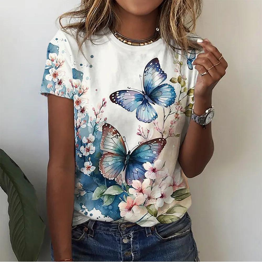 Summer Fashion Women's T-Shirt 3d Floral Print T Shirt Large Size Butterfly Top Woman Clothing Everyday Female Short Sleeve Tees