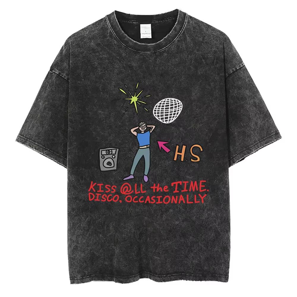 Kiss All The Time Disco Occasionally Washed Vintage T-shirts Fans Gift Men Women Fashion Pop Music Streetwear Male Oversized Tee