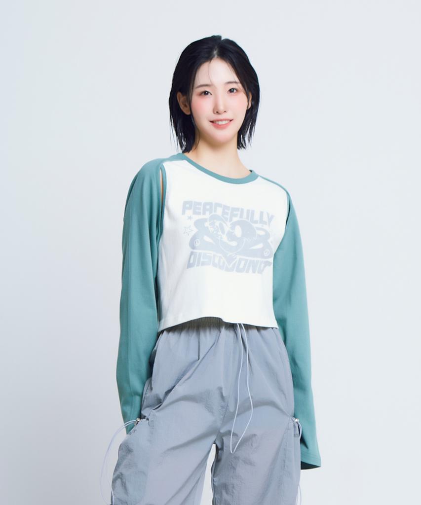 DISCO DONUT Open Armhole Heart Raglan T-Shirt_Green/Ivory