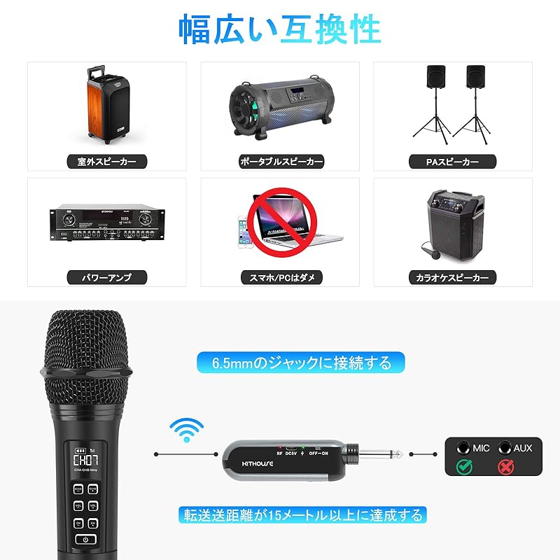 Беспроводной микрофон Kithouse UHF перезаряжаемый беспроводной караоке-микрофон 10 каналов и регулировка громкости и эха 6,35 мм приемник беспроводной ручной