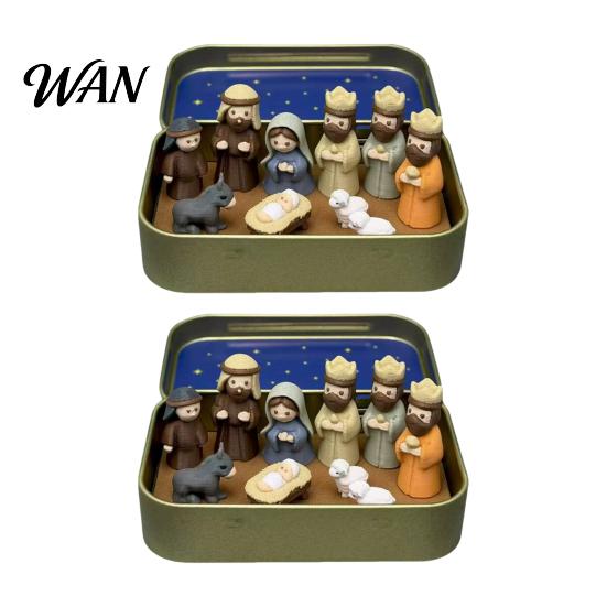Religious Christmas Ornaments 3D Printed Miniature Nativity Scene Set in Tin Box, Holy Portable Box Display Family Figurines for Holiday Tabletop