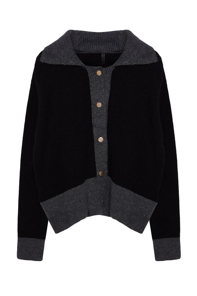 Women's Elegance Style Cardigan Anthracite Soft Textured Color Block Knitwear Cardigan