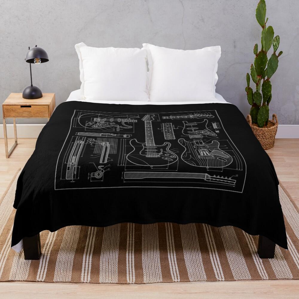 Electric Guitar Technical Blueprint Schematic Art Throw Blanket