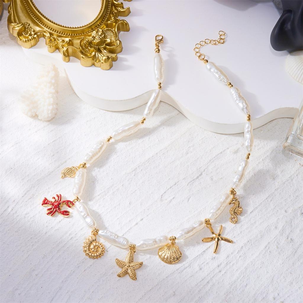 Boho Starfish Shell Conch Seahorse Lobster Pendant Necklace For Women Men Irregular Imitation Pearl Ocean Beach Choker Jewelry
