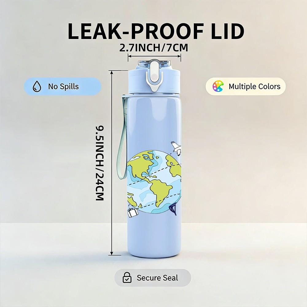 1PC Earth Globe Simple Line Art Print 750ml Color Plastic Sports Water Bottle Leakproof Flip Straw Lid Suitable for Sports Office Home Use