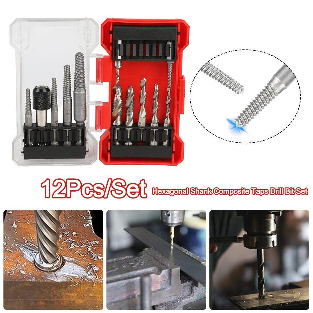 Набор метчиков и сверл с шестигранным хвостовиком 12 шт./набор с ящиком для хранения, противоскользящий, из быстрорежущей стали, метчик для нарезания резьбы, экстрактор метчиков