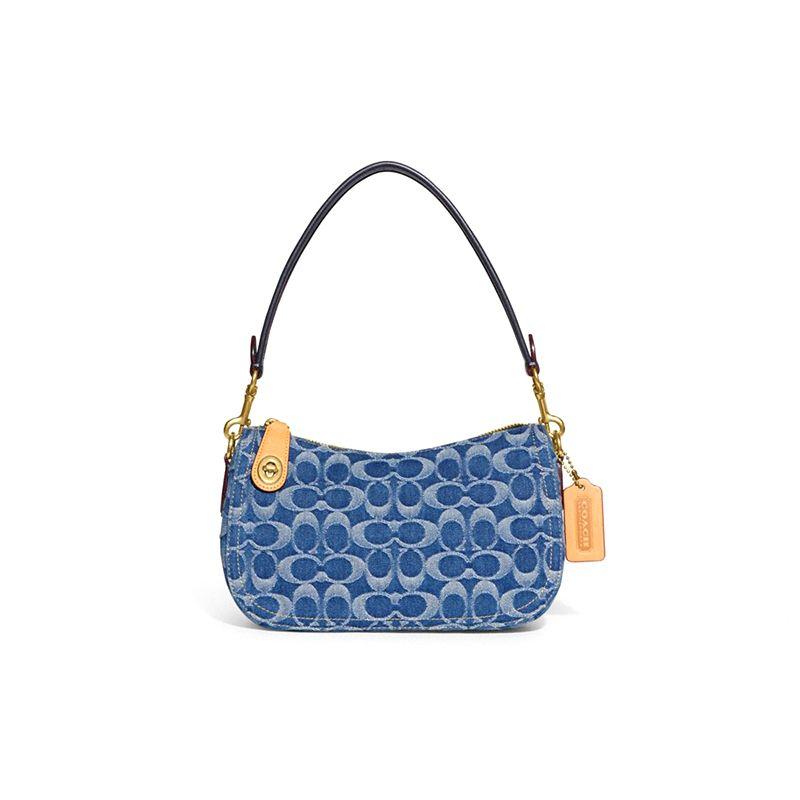 Coach 23 Classic Denim Floral Wave Print Quilted Cotton PVC Fabric Mahjong Bag Women Shoulder Bag Denim-Blue CA103-B4UDF