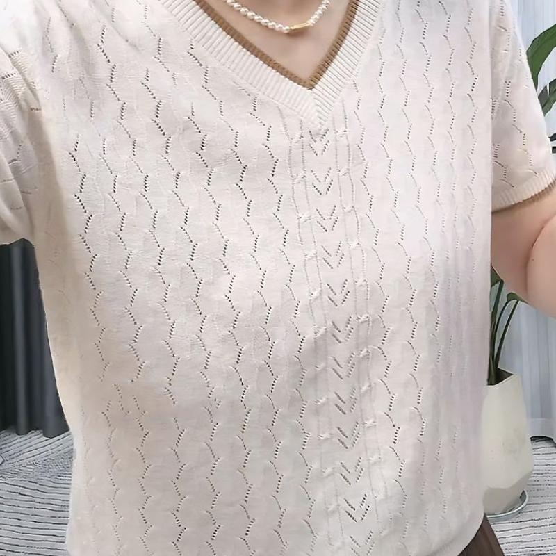 Трикотажная рубашка с V-образным вырезом и жаккардовым узором, короткий рукав, летний универсальный тонкий топ