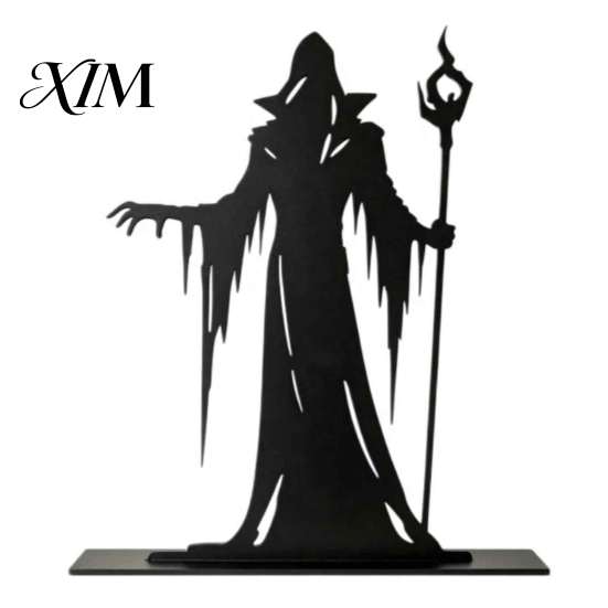 Dark Wizard Silhouette Ornament Wooden Gothic for Halloween Tabletop Decoration, Black Hollow Craft Windowsill Witch Statue with Scepter Home