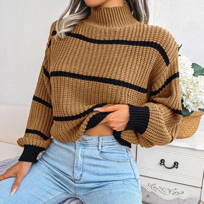 Повседневный полосатый свитер, женский свободный вязаный топ с рукавами-фонариками, полуводолазка