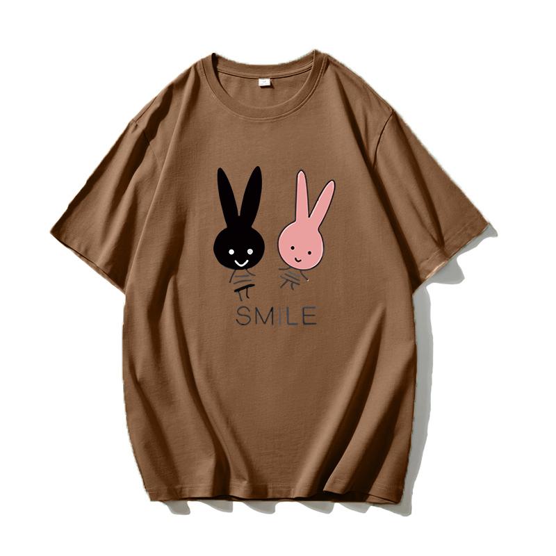 Shellsuning Cute Bunny Graphic Printed T Shirts Women Summer Casual Loose O Neck Short Sleeve Tees Female Trendy 100% Cotton Tops Lady
