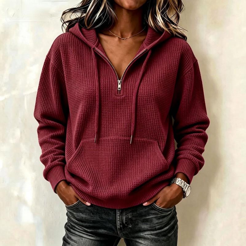 2025 Fall Womens Waffle Knit Hooded Sweatshirt Loose Fit Long Sleeve Casual Style