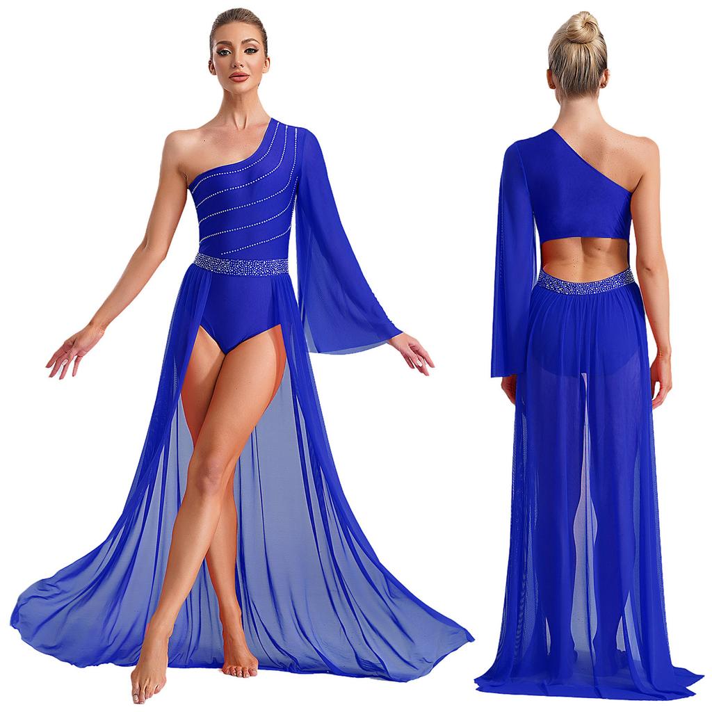Women's One Shoulder Lyrical Dance Dress Sheer Mesh Flared Sleeve with Shiny Rhinestones Flowy Split