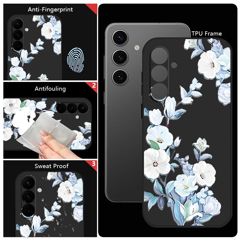 For Samsung S25 Ultra S24 FE S23 A56 A36 A16 A55 Phone Shell Floral Print Matte Lens Protection TPU Lanyard Soft Shockproof Silicone Slim Case Cover