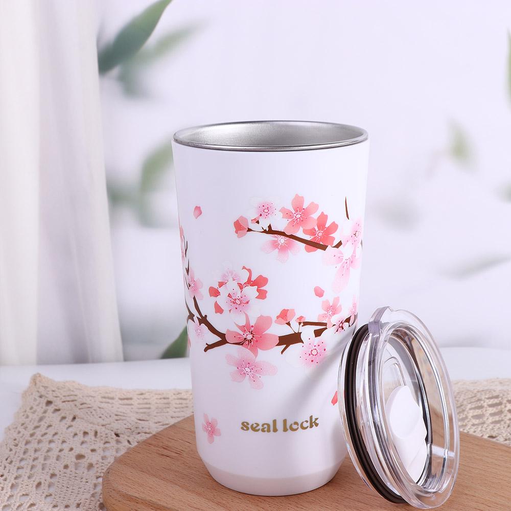Layer Stainless Steel Insulated Cherry Blossom Thermos Cup Coffee Tumbler Vacuum Flask Water Bottle