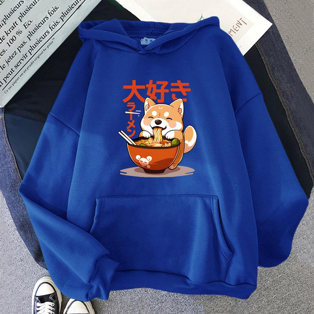 Толстовка с капюшоном Shiba Inu Slurping Ramen Noodles Cartoon Kawaii Cat Graphic Sweatshirt Cool Anime Pullover Women Men Clothing