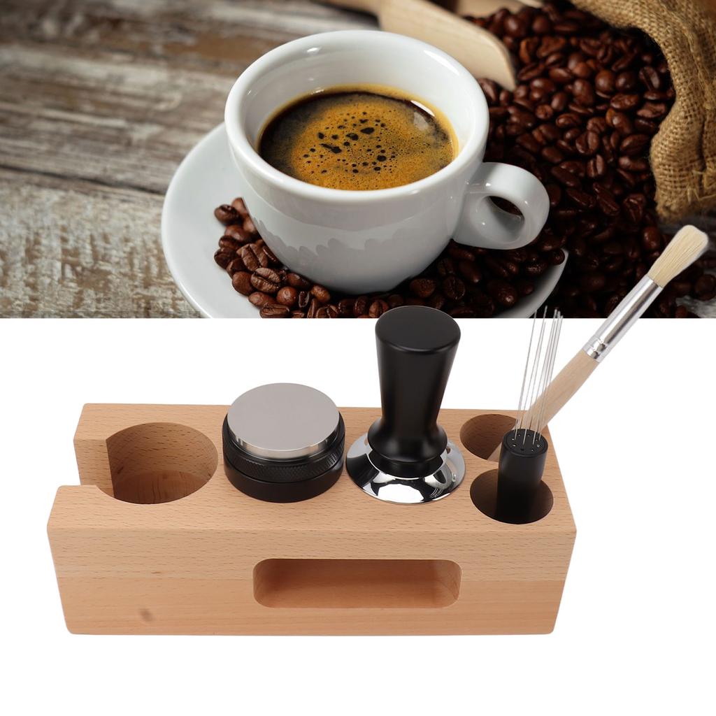 Coffee Tamping Station 51mm Coffee Filter Tamper Holder Wooden Base with Anti Slip Mat for Home Cafe