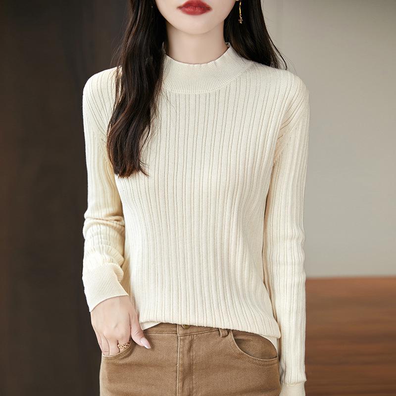 Women's Uneven Stripe Ribbed Cotton Knit Sweater - Half-High Neck Autumn/Winter Inner Layer Top