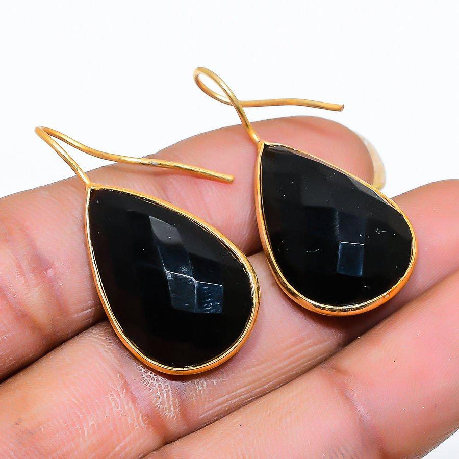 Black Spinel Gemstone Handmade 925 Sterling Silver Jewelry Earring 1.46" GK-5263