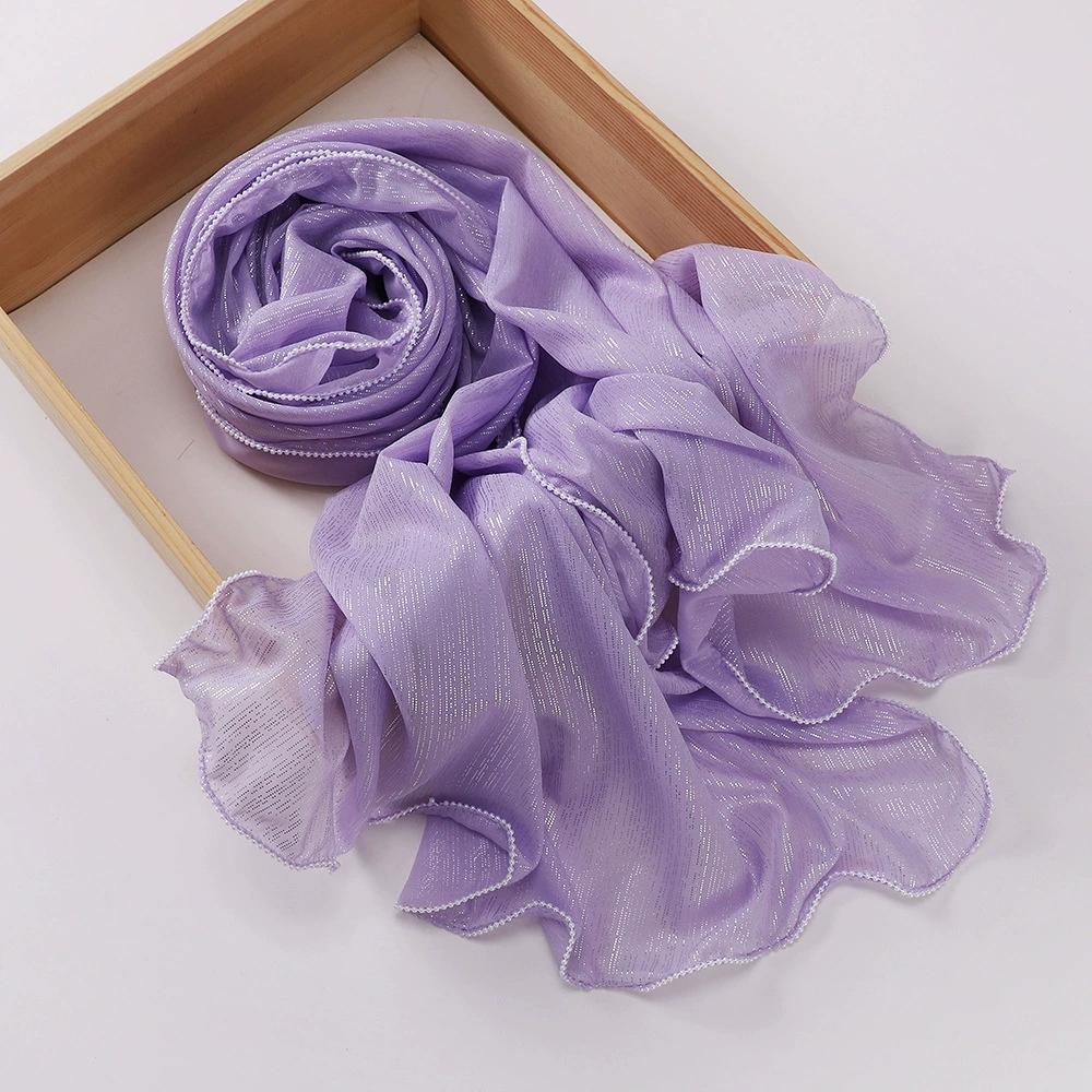 Chiffon Gold and Silver Wire Light Thin Women's Casual Pearl Edge Shawl Headscarf Hijab Scarves