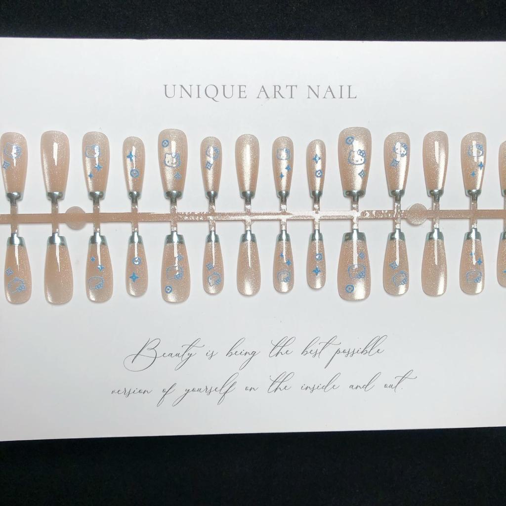 Blue Magic Cat Eye Mirror Powder Press-On Nails - French Crystal Stone Design, Long Cool Style Kit - 30 Pieces