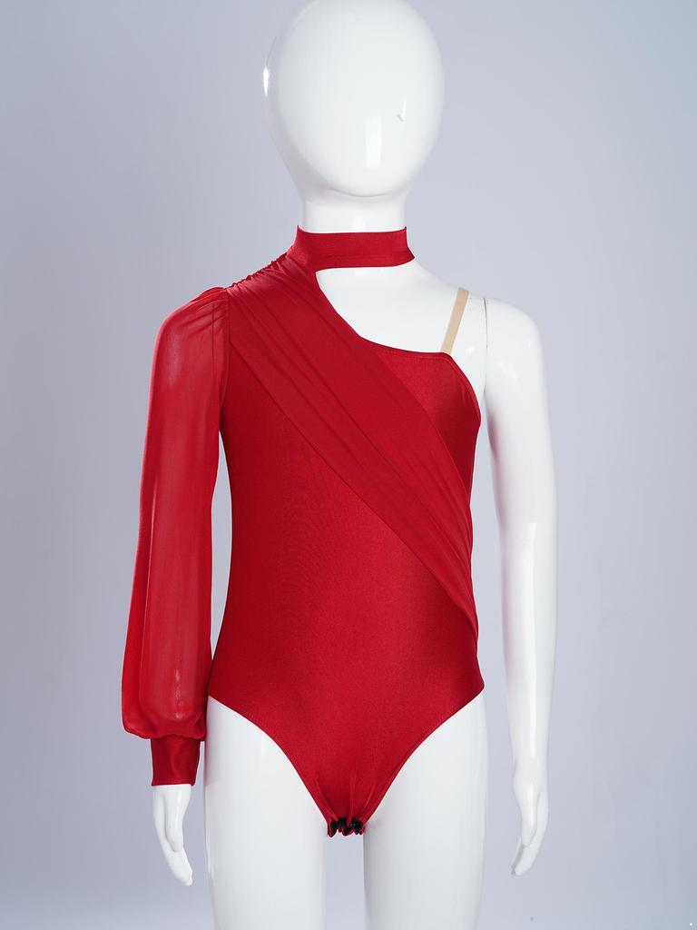 Girls One Shoulder Dance Leotard Stage Performance Costume Mock Neck Long Sleeve Ruched Mesh Overlay Bodysuit for Kids Gymnastics