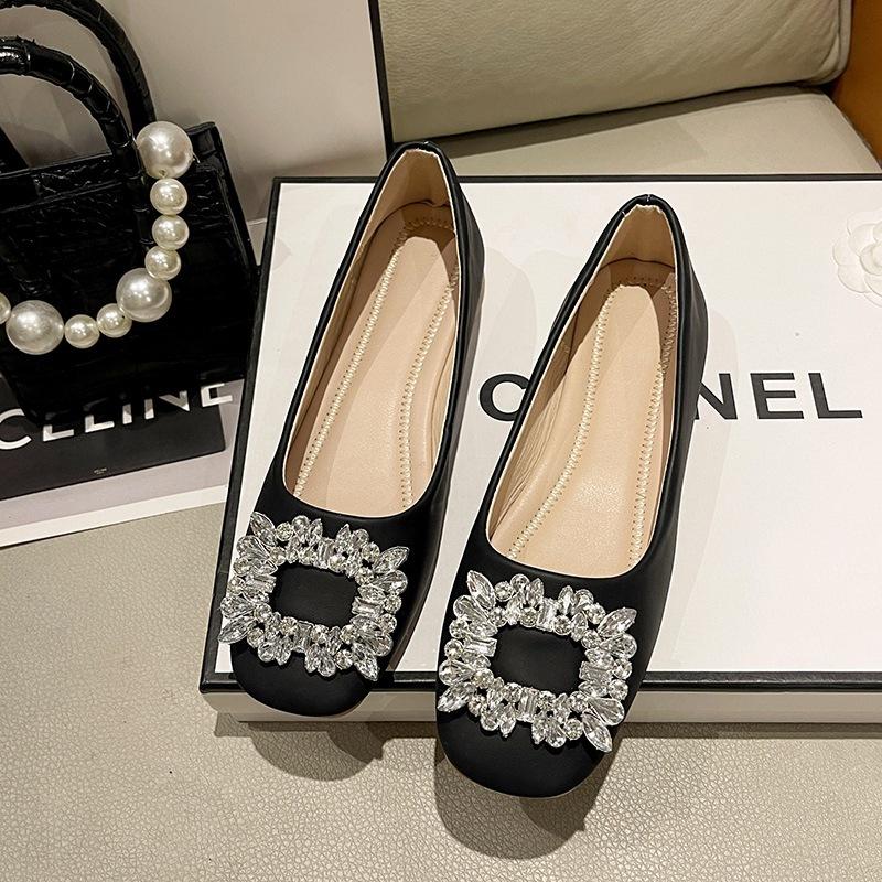 Весенне-осенние туфли-лодочки с квадратным носком и стразами, 2025, с мелким вырезом, на плоской подошве, Мэри Джейн, новые, универсальные, для通勤, с темпераментом, женские s