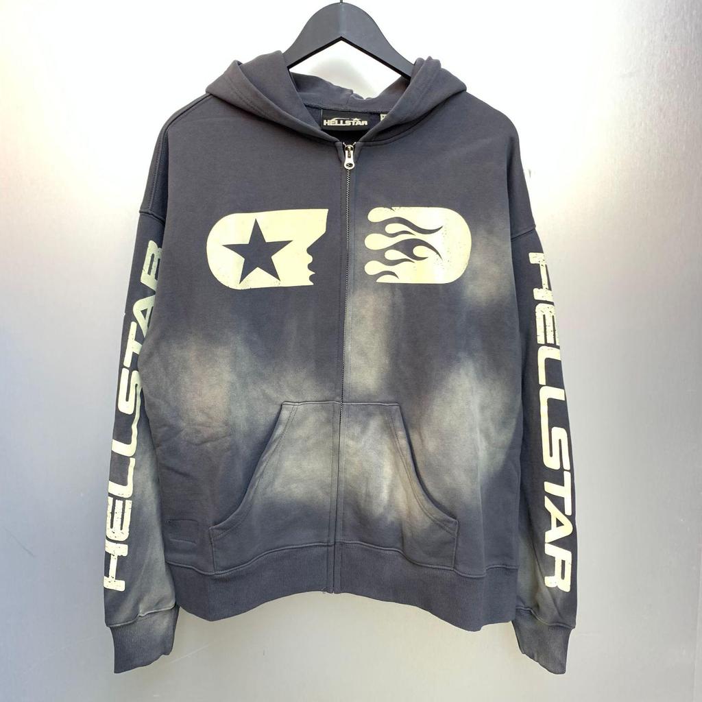 Hellstar Distressed Retro Loose Zipper Pure Cotton Hoodie - American Hip Hop Style