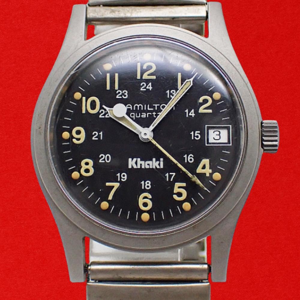 Hamilton Khaki Ref.9797 Stainless Steel Black Dial with Extension Bracelet and Extra Straps, Military Watch Used