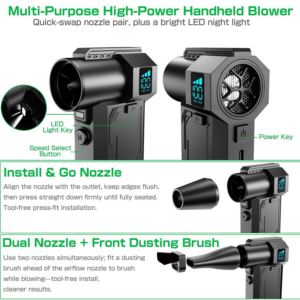 2025 Ручной турбовентилятор с зарядкой Type-C и щеткой, портативный высокоскоростной инструмент для выдувания и очистки, мощный воздуходув, турбовентилятор