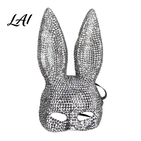 New Year Eve Party Mask Disco Mirror Rhinestone Rabbit Mask Sparkly Glitter Bunny Face Sexy Ear for Halloween Party Shiny Reflective Festive Cosplay