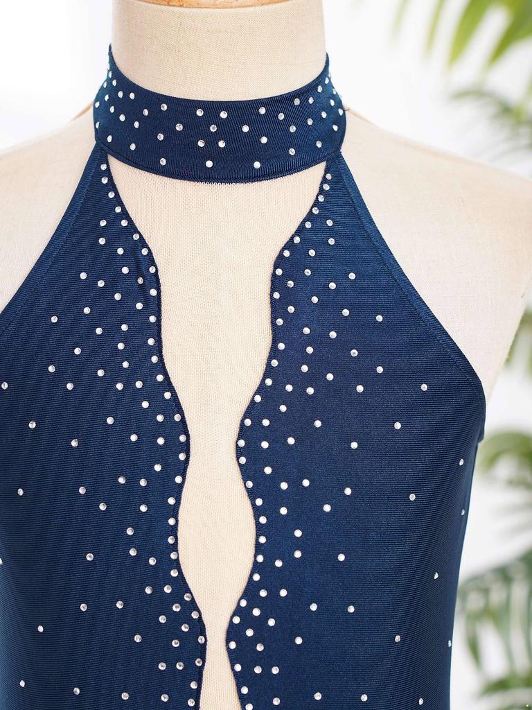 Девочки Блестящее Платье Пэчворк из Страз Без Рукавов Стойка Сетчатое Прозрачное С Открытой Спинкой Неровный Подол Лирический Костюм для Танцев