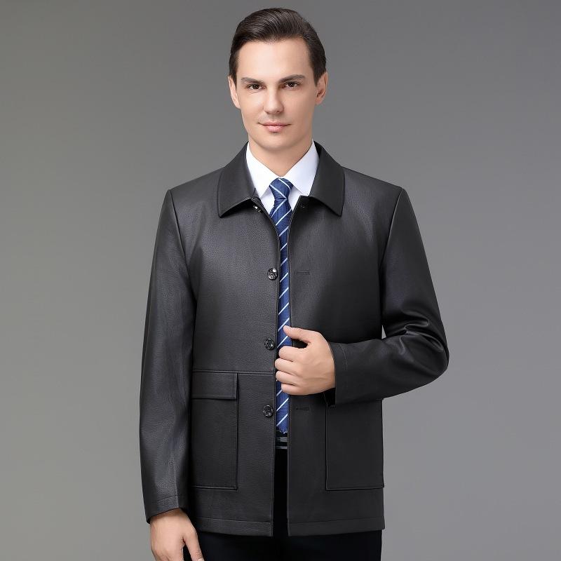 Новые осенние и зимние куртки из овчины для мужчин, повседневные однотонные кожаные куртки для людей среднего возраста, модные мужские куртки с воротником-стойкой