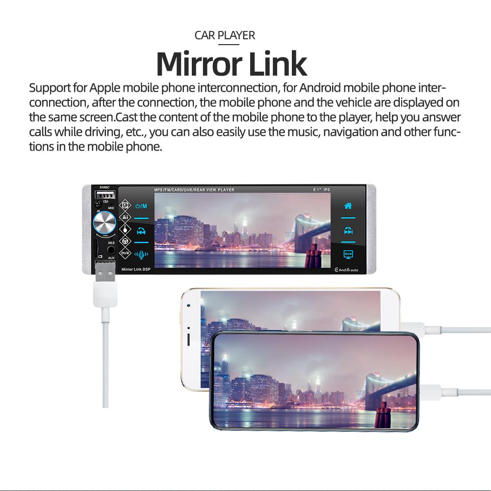 Single Din Car Stereo MP5 Player 5.1Inch Touchscreen Car Audio Radio Compatible with Bluetooth TF USB Frequency Modulation