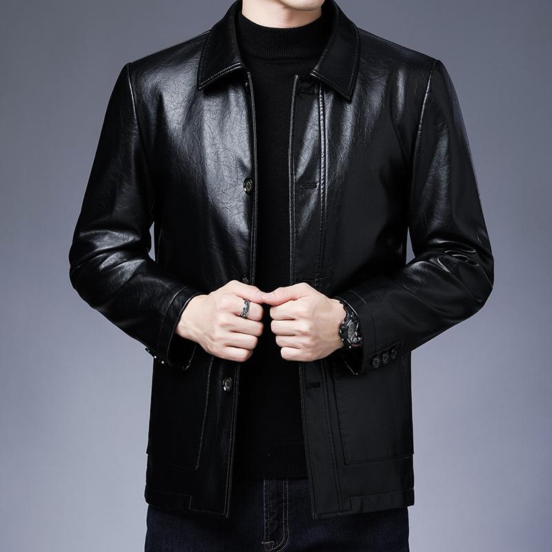 Осенняя новая мужская кожаная куртка, простая и универсальная, из тонкого бархата, однотонная, с лацканами, мужская кожаная куртка для мужчин среднего возраста