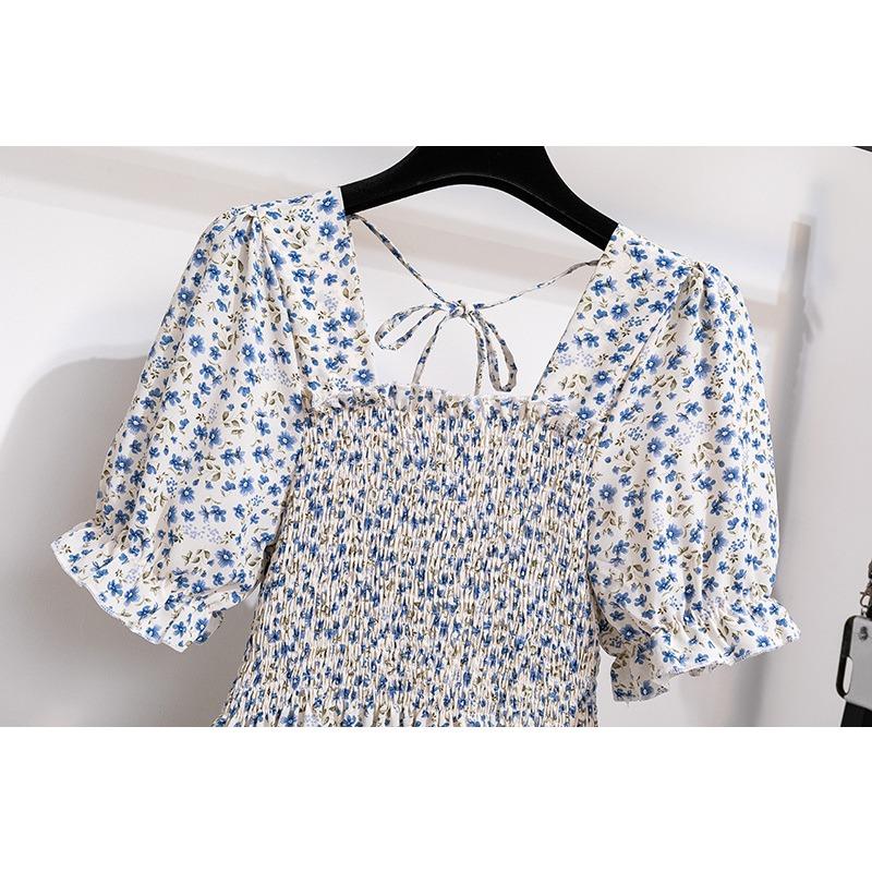 GMXIA Женская мода весна осень цветочный принт короткий длинный рукав квадратный воротник высокая талия повседневные платья