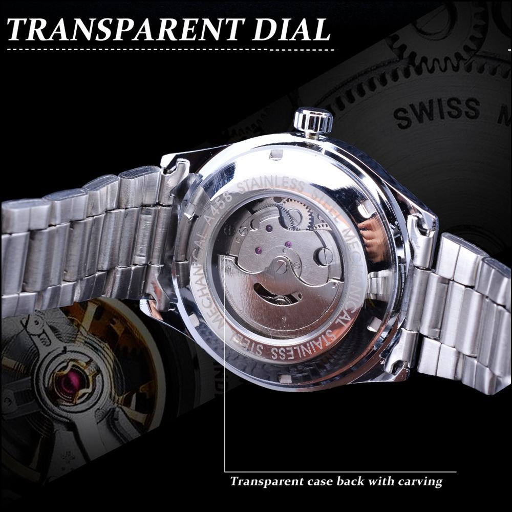 Winner New Top Men's Watch Simple Fashion Men's Automatic Mechanical Strap Calendar Silver Stainless Steel Strap PU Strap