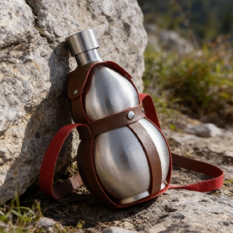 Silver 500ml Stainless Steel Travel Gourd Shape Water Bottle With Practical Carry Leather Strap Whiskeys Liquor Flask