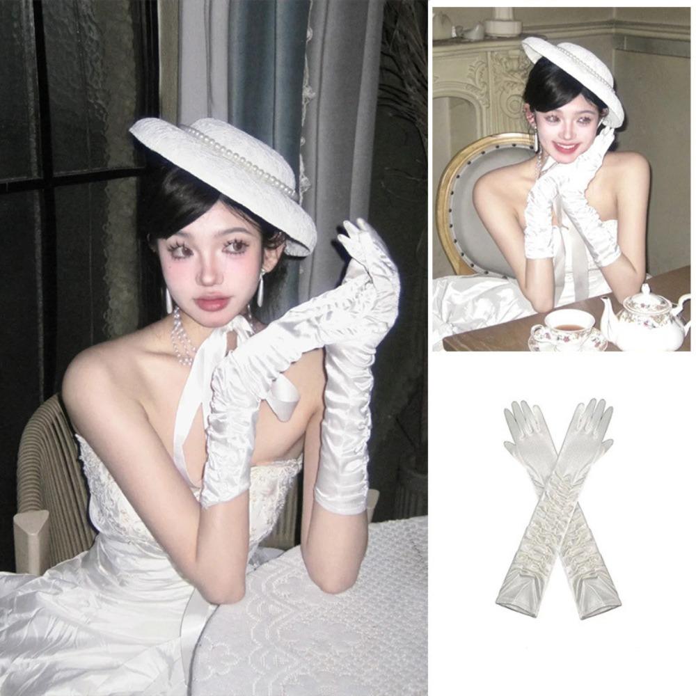 Vintage Satin Long Gloves Lace Long Finger Mittens Wedding Bridal Gloves  Dress Accessories