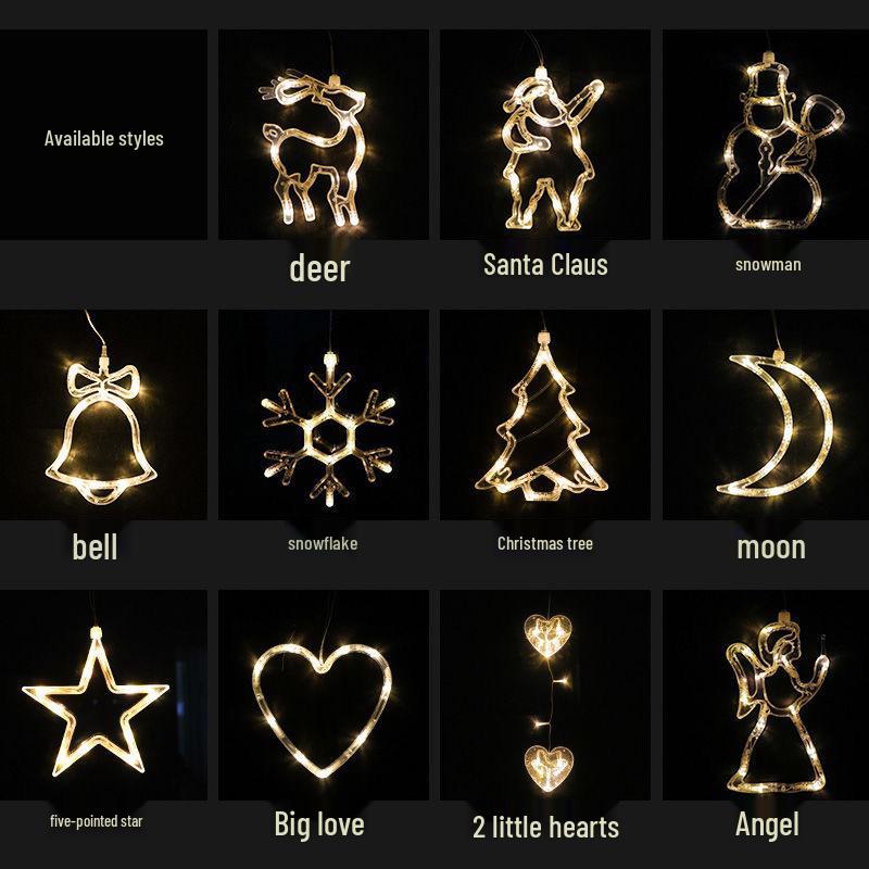 Светодиодные рождественские гирлянды на присосках для окон с елкой, Сантой, снеговиком и звездами